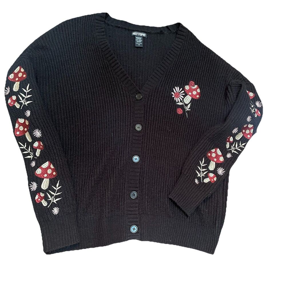 Women's Hot Topic Black Cardigan With Mushroom Ladybug Prints XL Goth Emo Dark